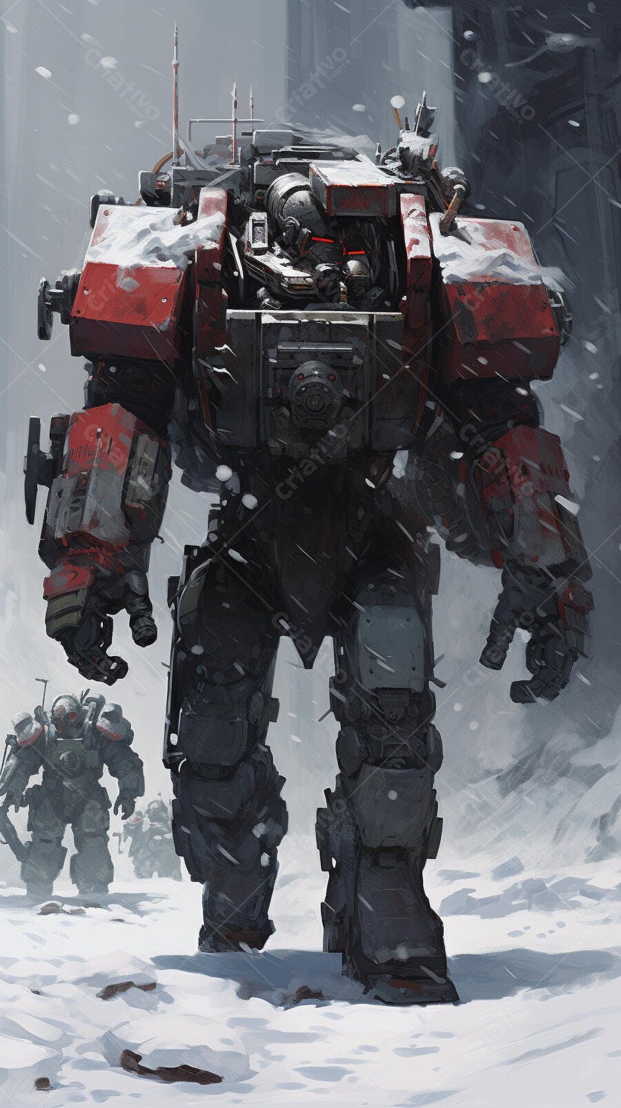 Robô gigante vermelho na neve