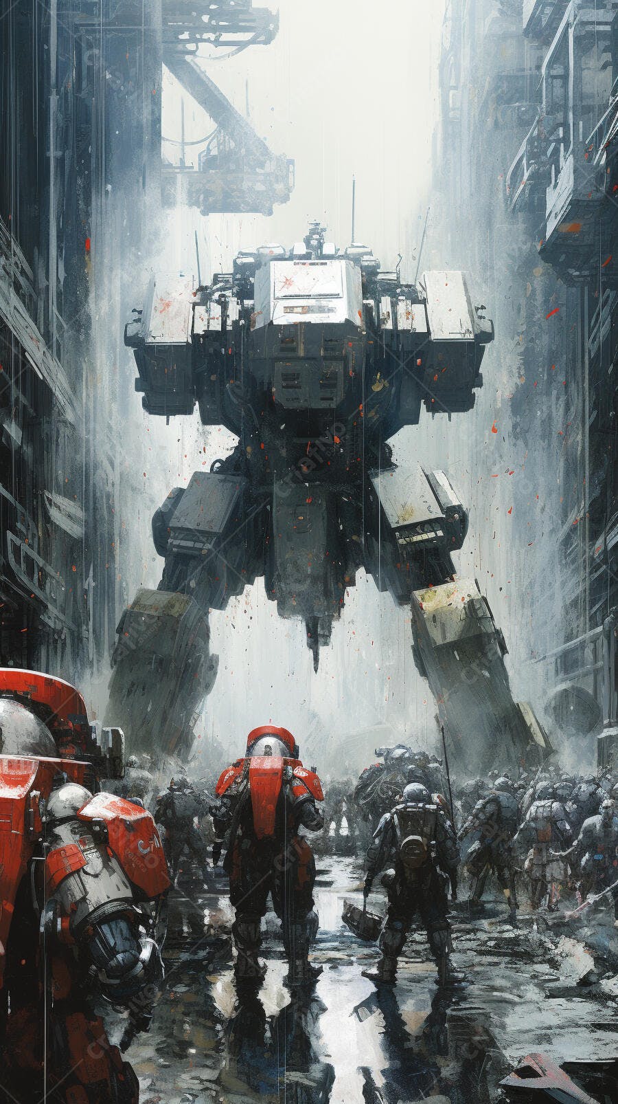 Mech gigante em cidade futurista sob chuva