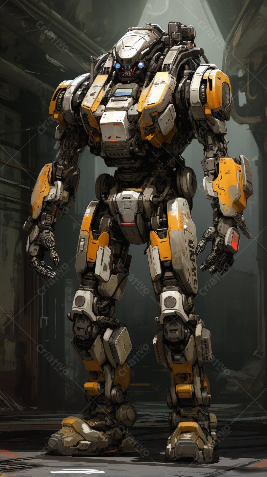Robô futurista amarelo e cinza em ambiente industrial