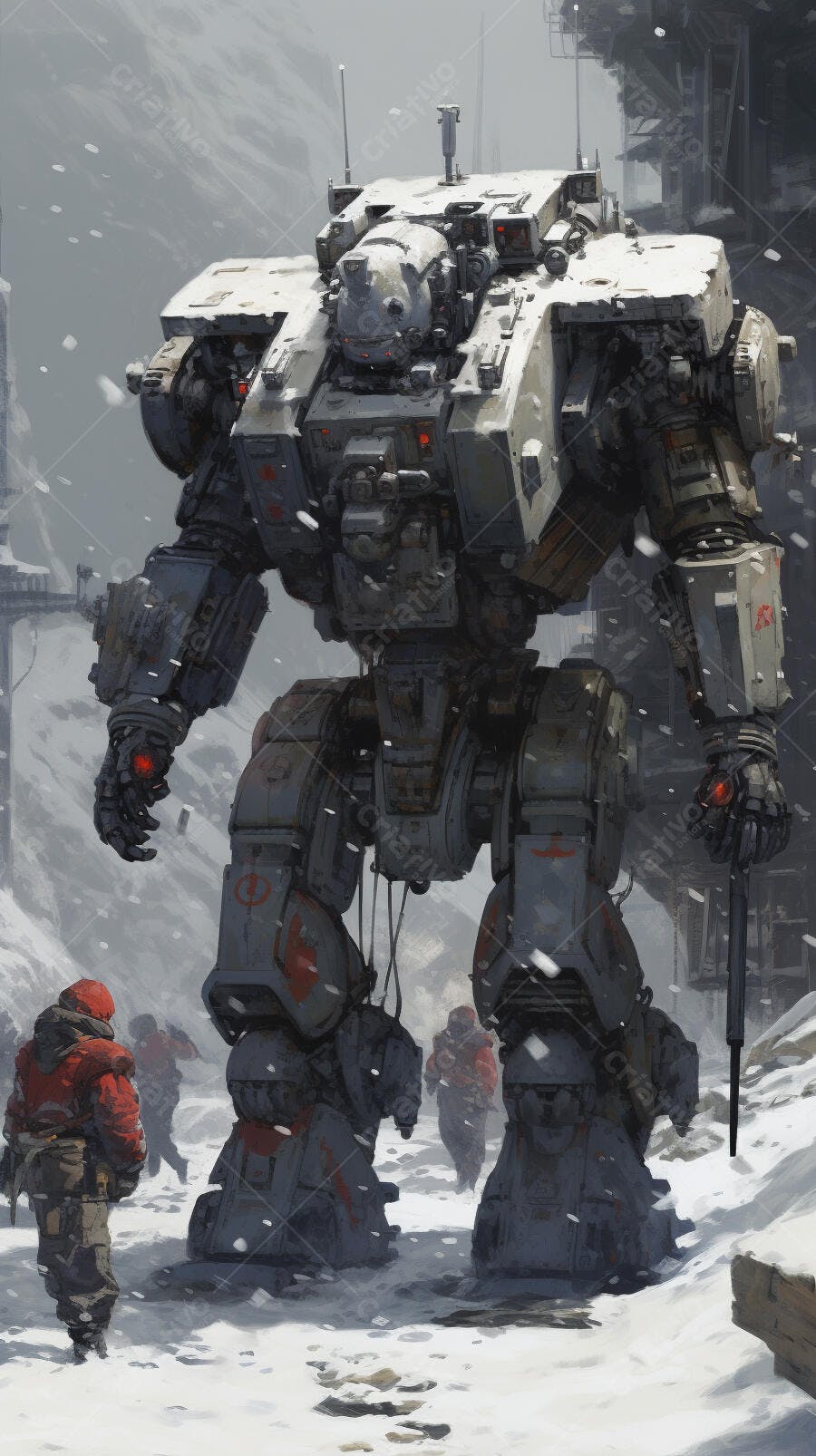 Mech gigante na neve soldados