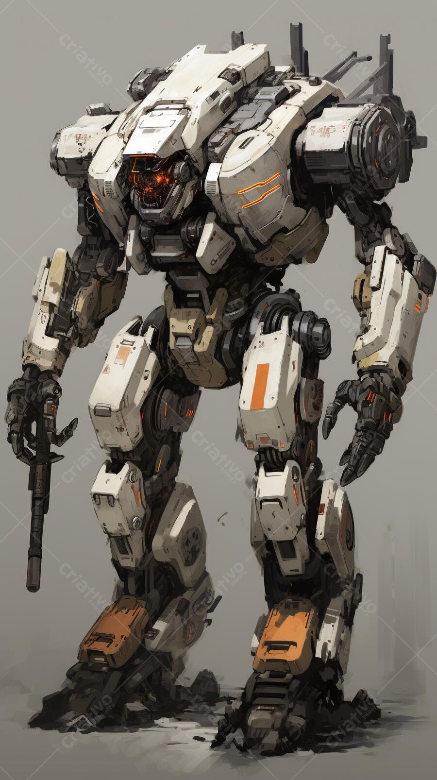 Robô gigante branco e laranja futurista