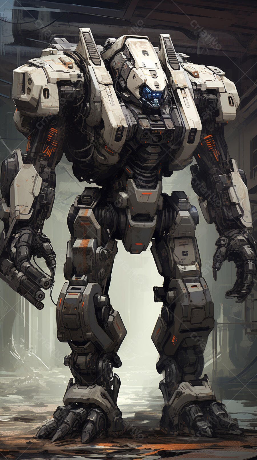 Robô gigante branco e cinza em ambiente industrial
