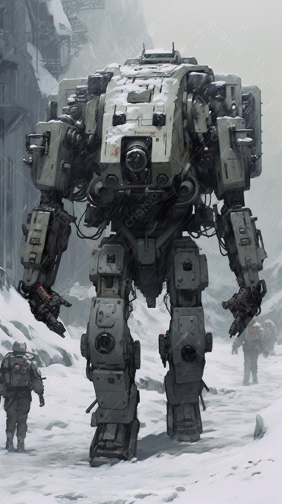 Robô gigante na neve paisagem fria