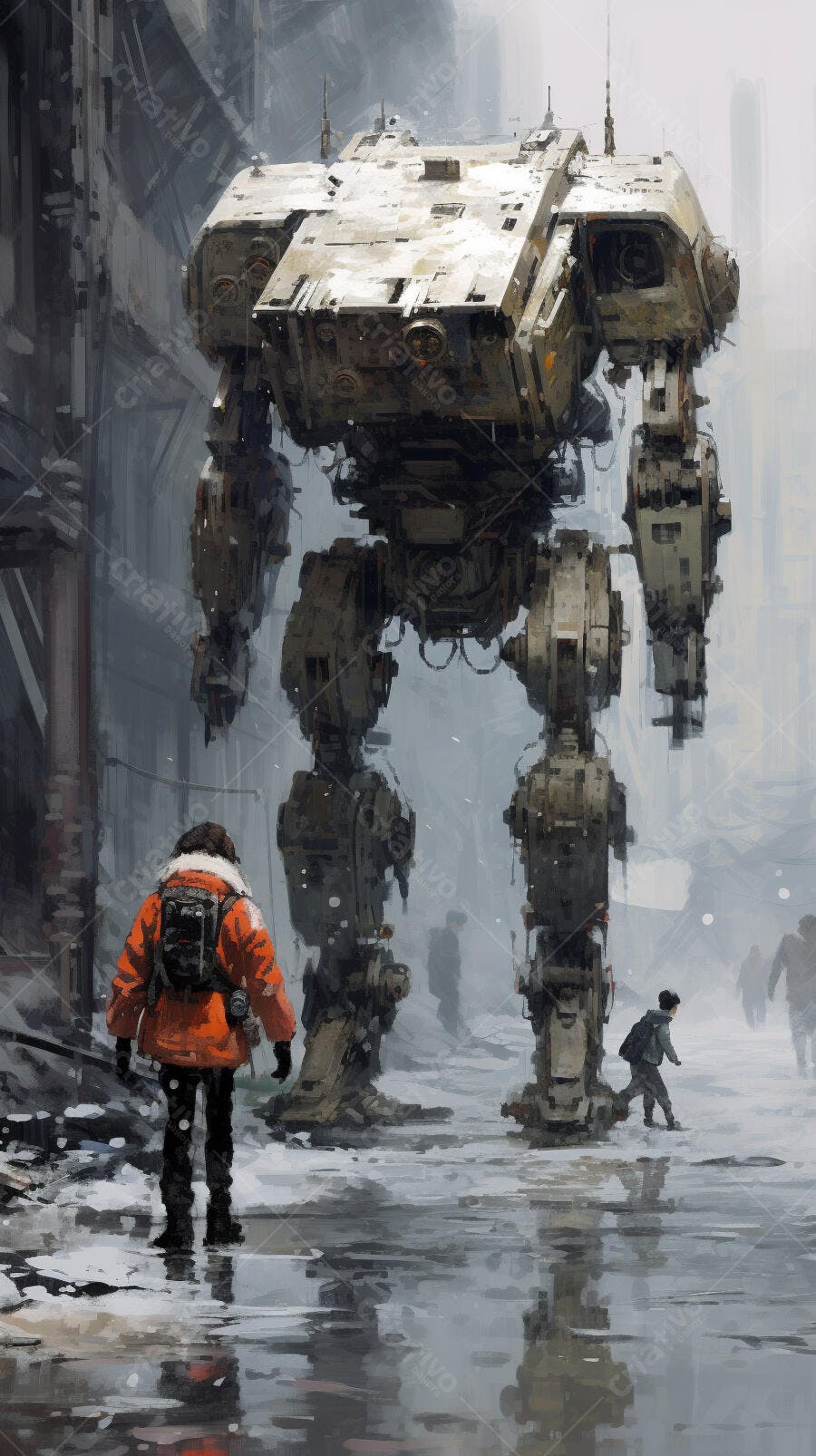 Robô gigante em cenário urbano nevado