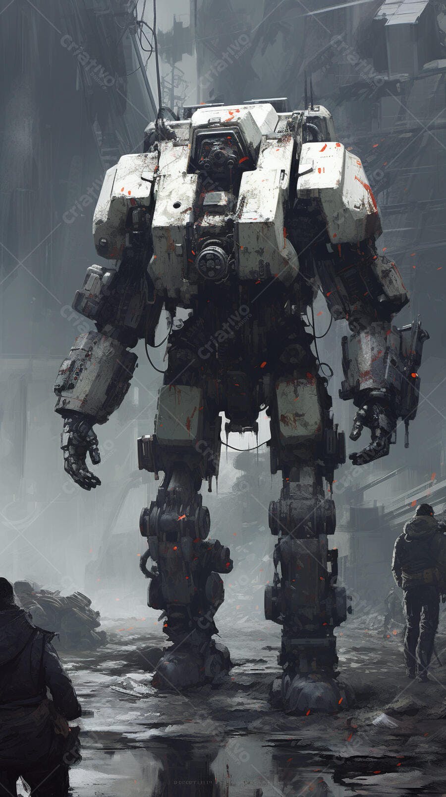 Robô gigante em cenário pós-apocalíptico