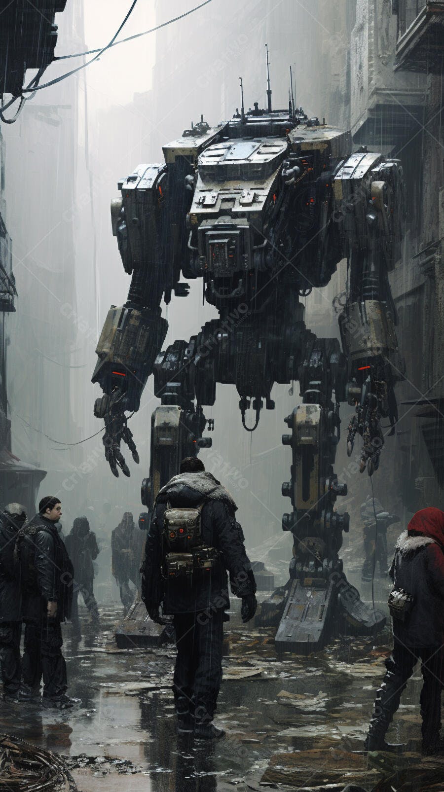 Robô gigante em cidade pós-apocalíptica