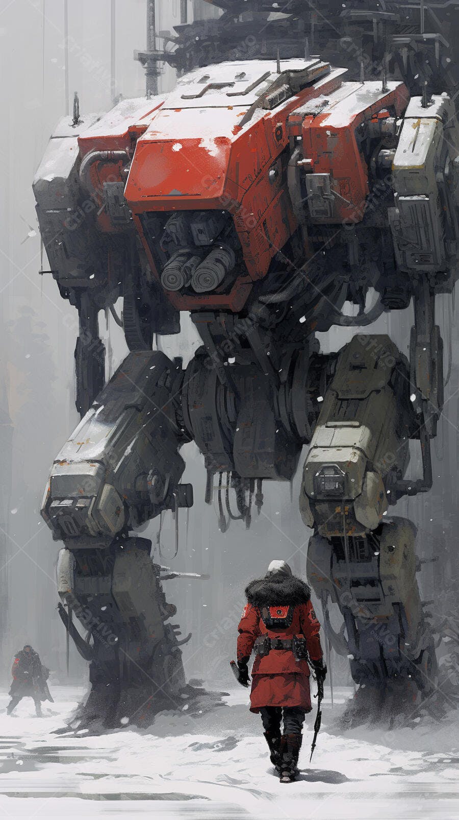 Mech gigante na neve paisagem cinzenta