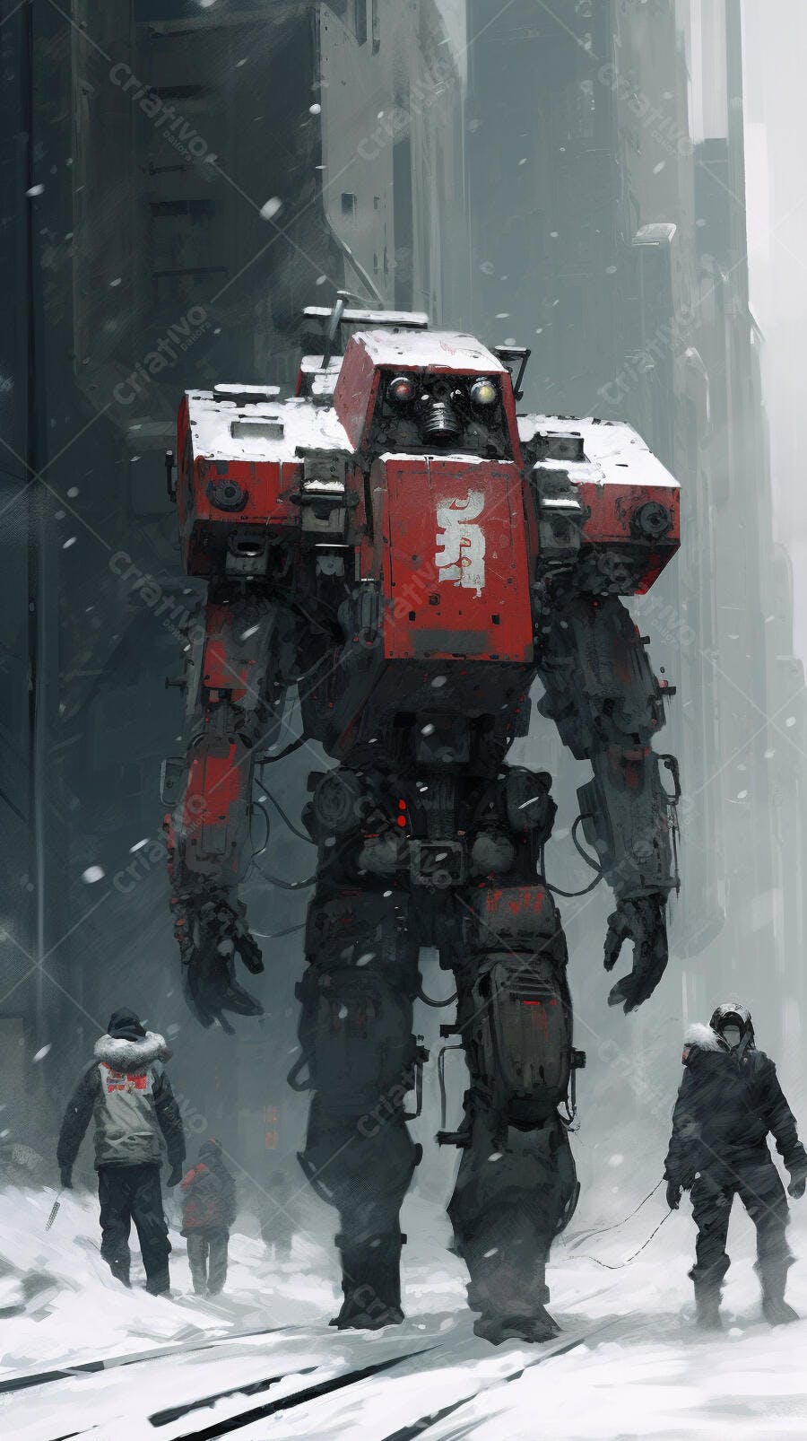 Robô gigante vermelho na neve
