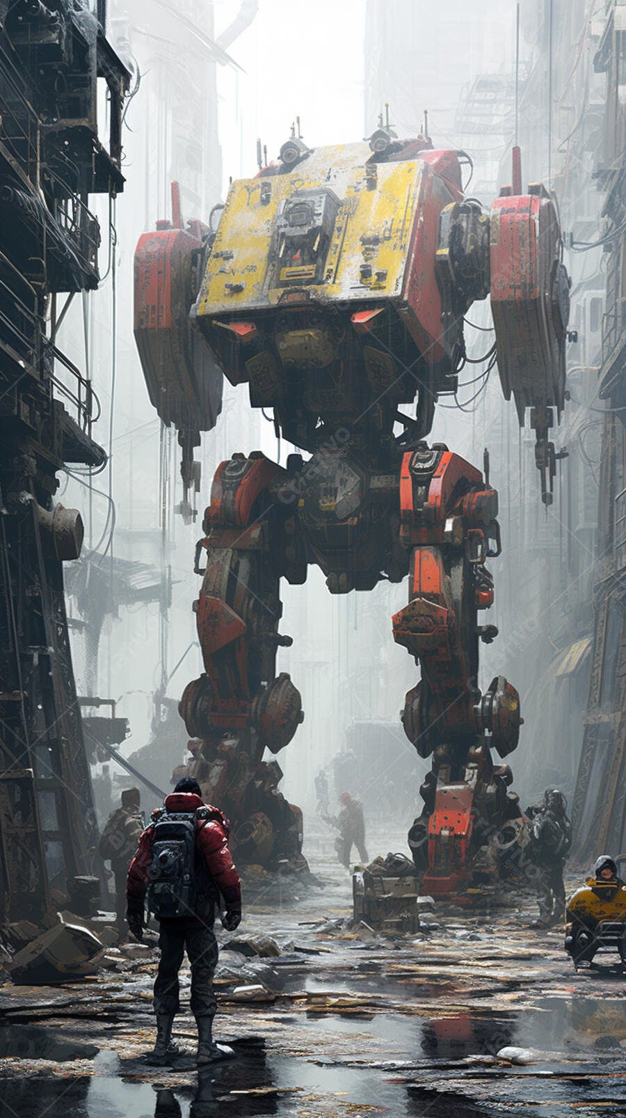 Robô gigante em cenário pós-apocalíptico