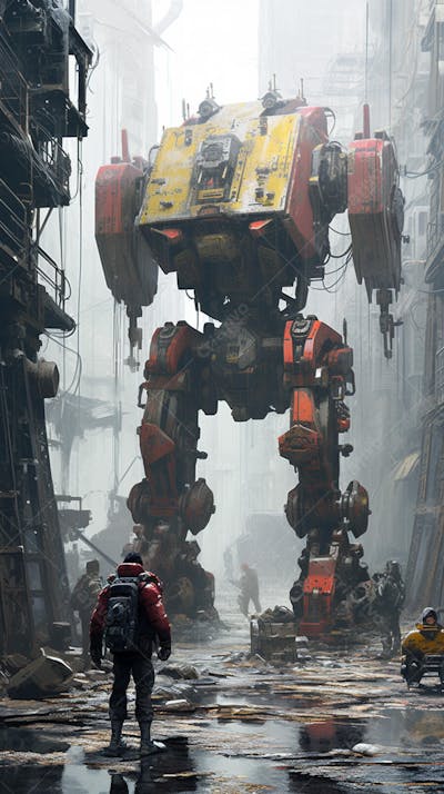 Robô gigante em cenário futurista