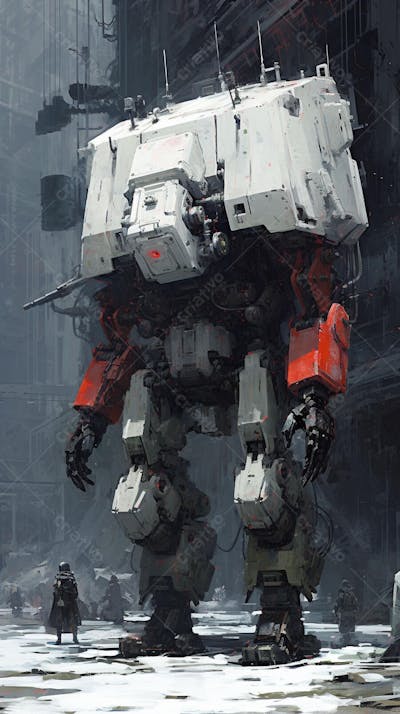 Robô gigante em cenário futurista