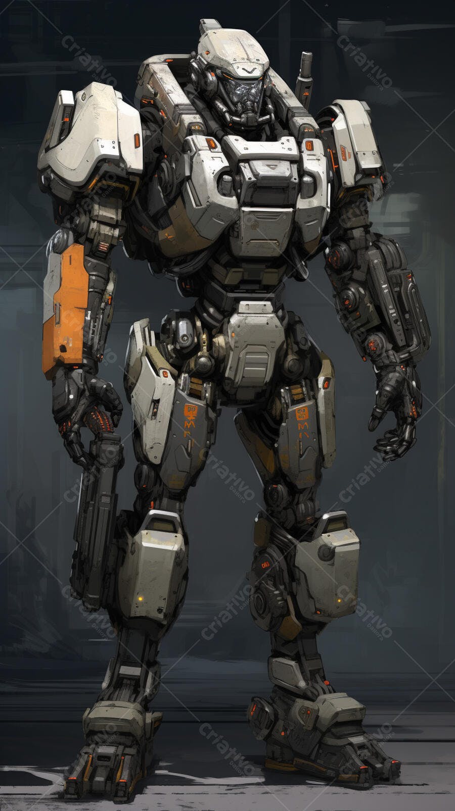 Robô futurista cinza e laranja em pose estática