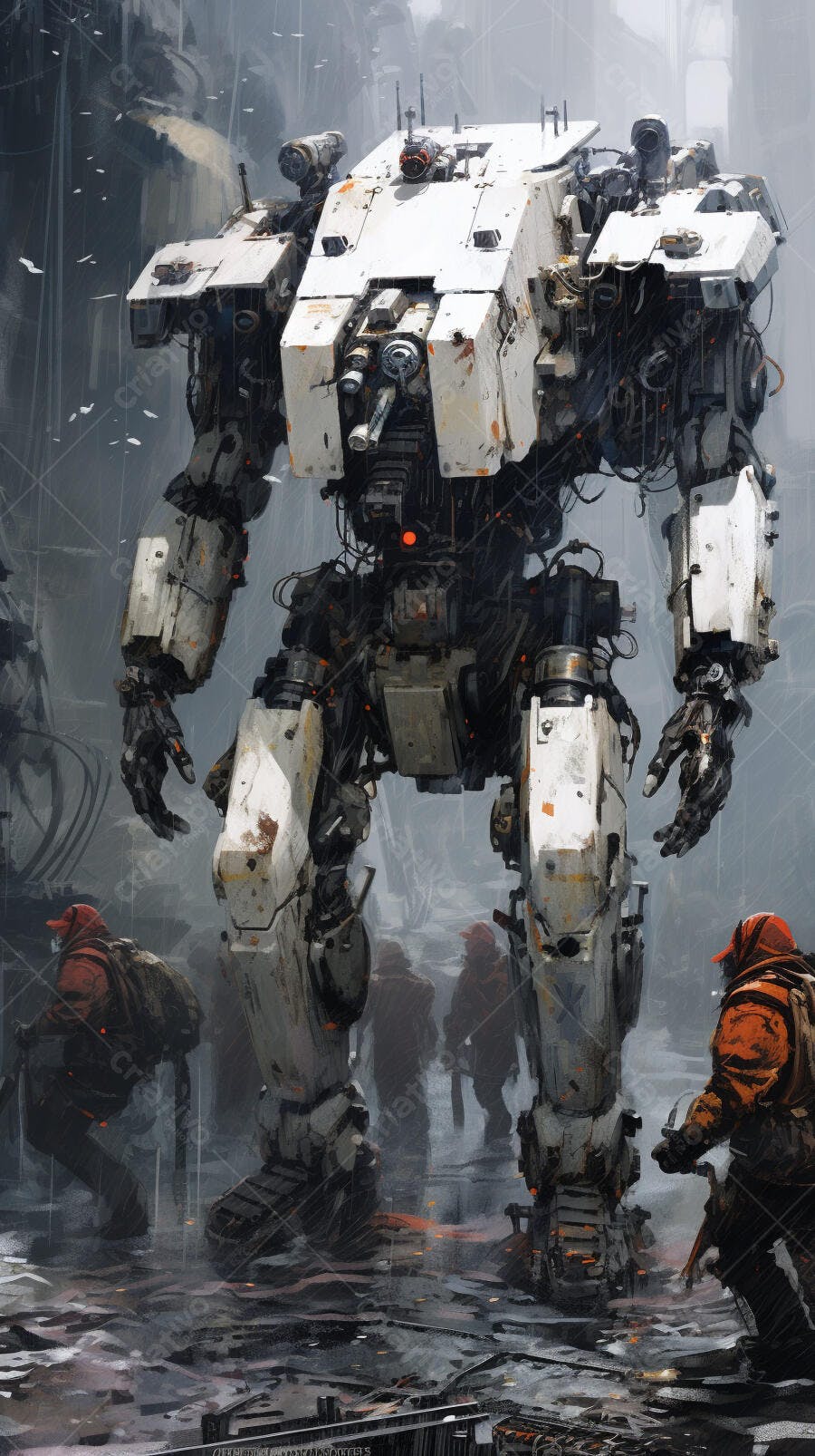 Mech gigante branco em cenário pós-apocalíptico