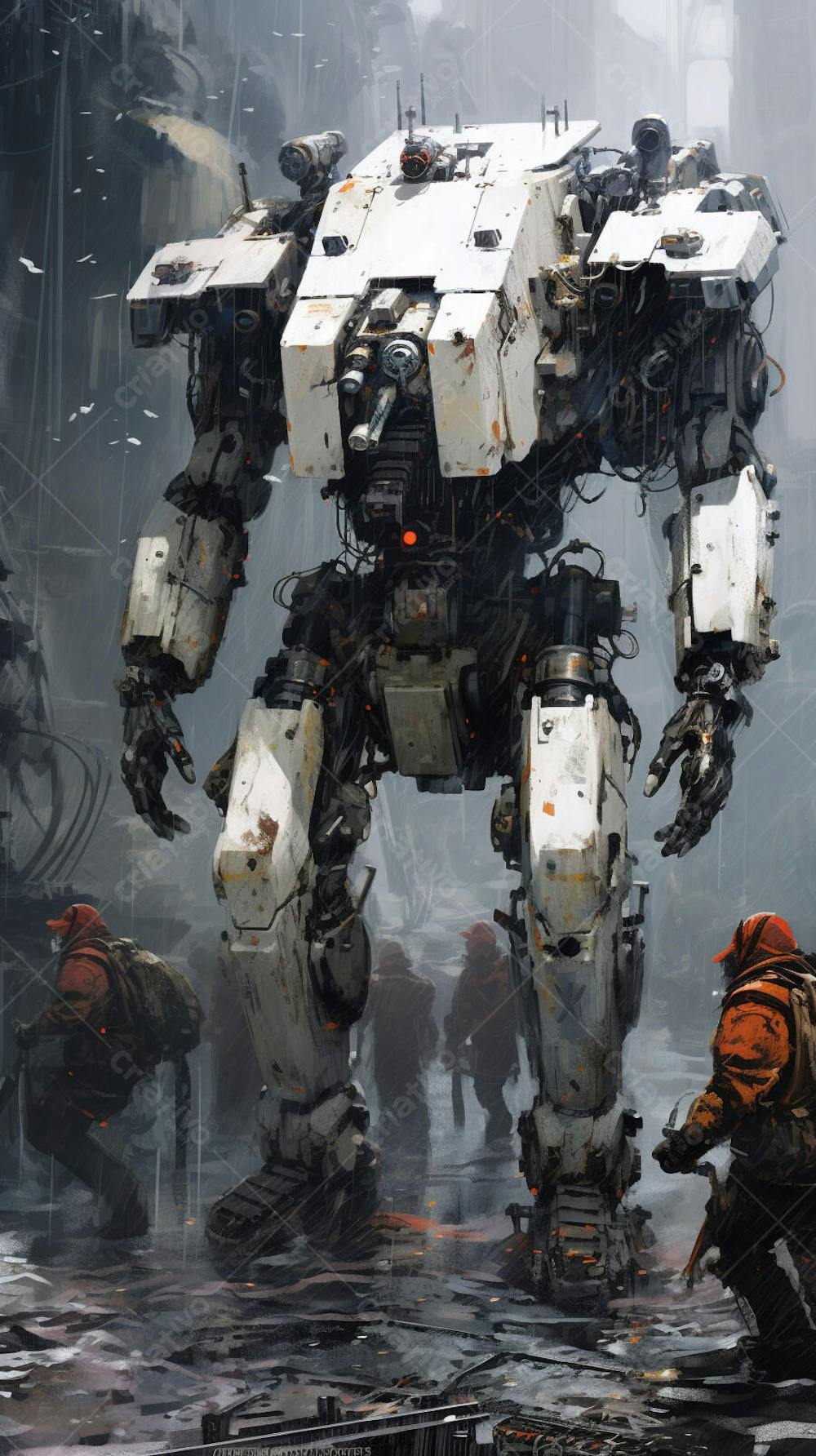 Robô gigante em cenário futurista