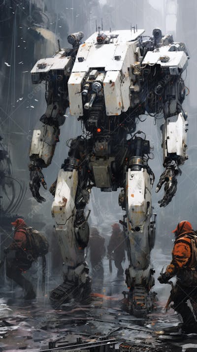 Robô gigante em cenário futurista