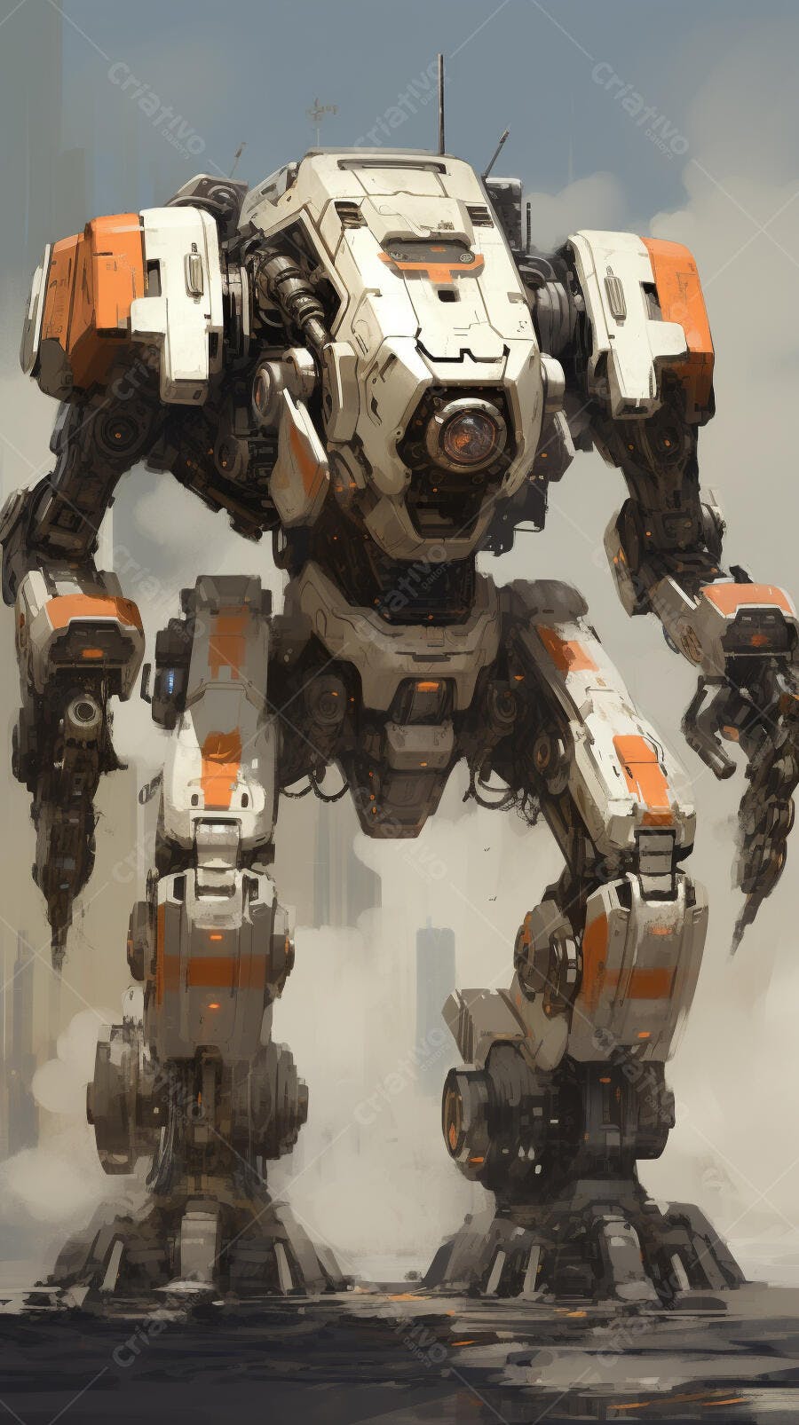 Robô gigante branco e laranja em cidade futurista