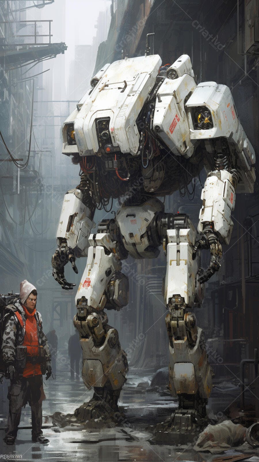 Robô gigante branco em cenário urbano cinza