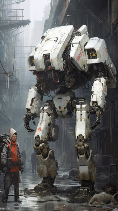 Robô gigante em cenário futurista