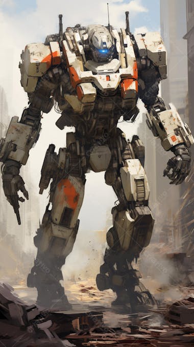 Robô gigante em cenário futurista