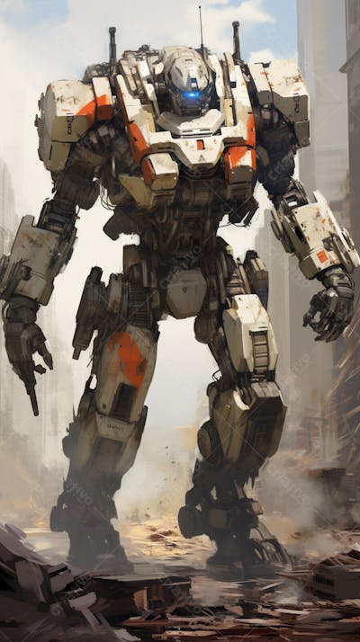 Robô gigante em cenário futurista