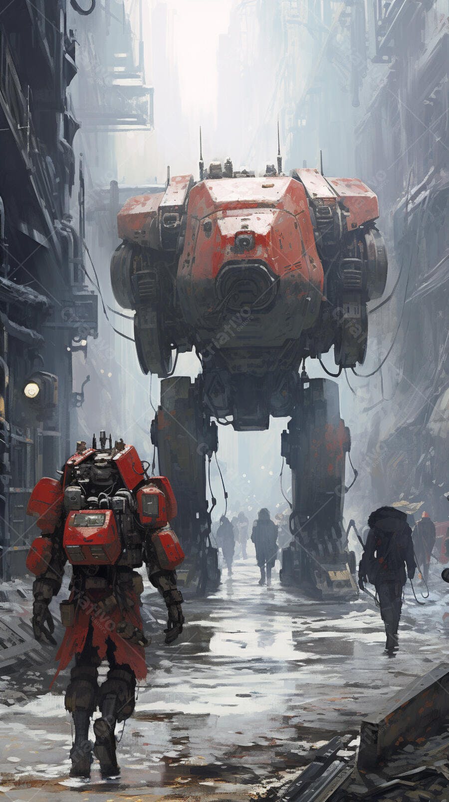 Robôs gigantes em cidade futurista cinzenta