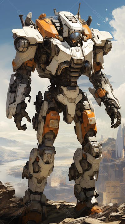 Robô gigante em cenário futurista