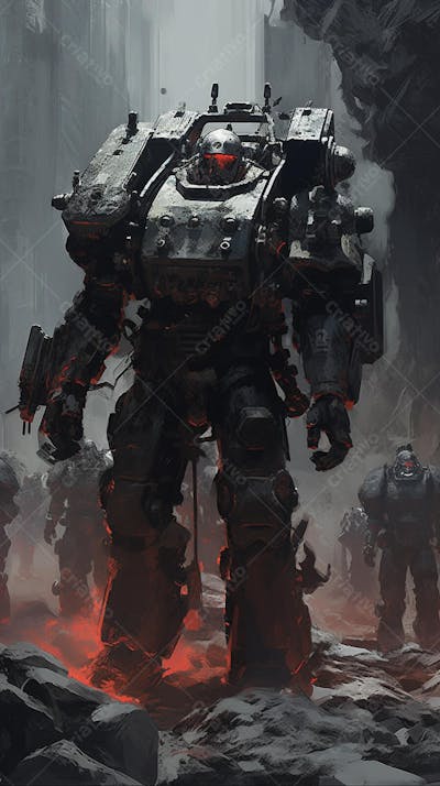 Robô gigante em cenário futurista