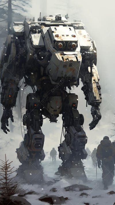 Robô gigante em cenário futurista
