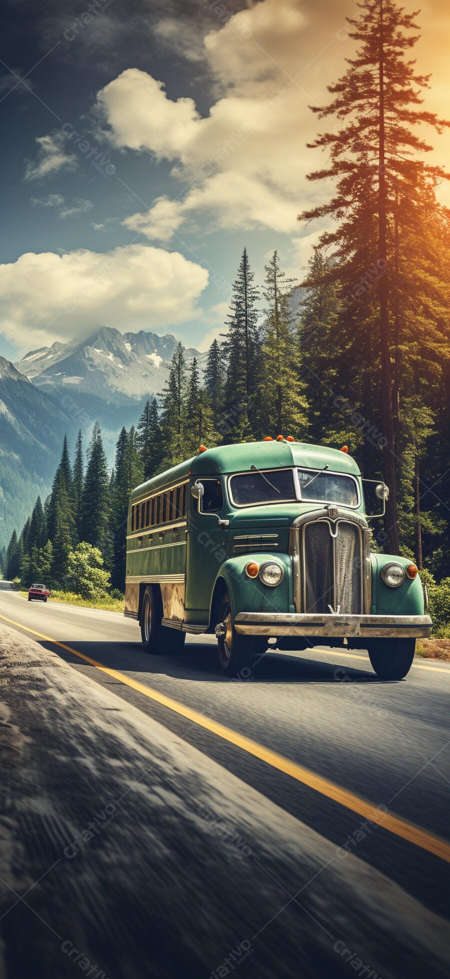 Ônibus antigo verde em estrada montanhosa