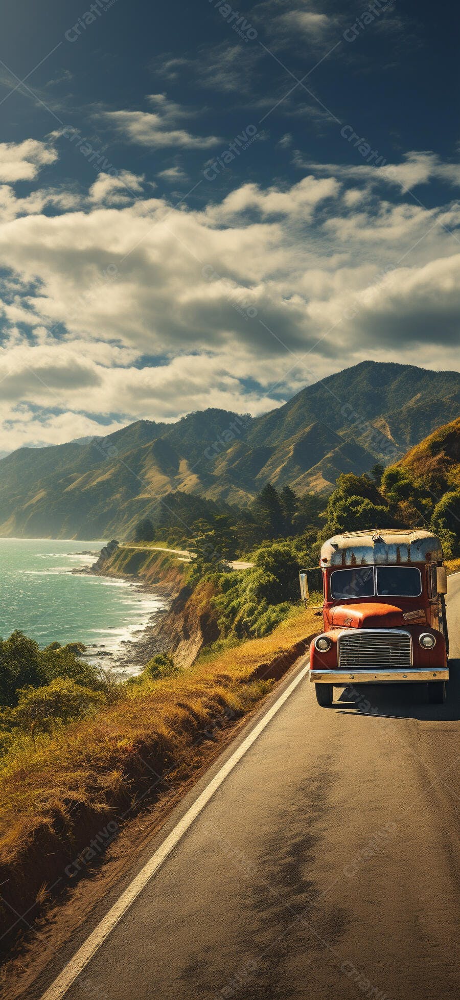 Ônibus antigo na estrada costeira