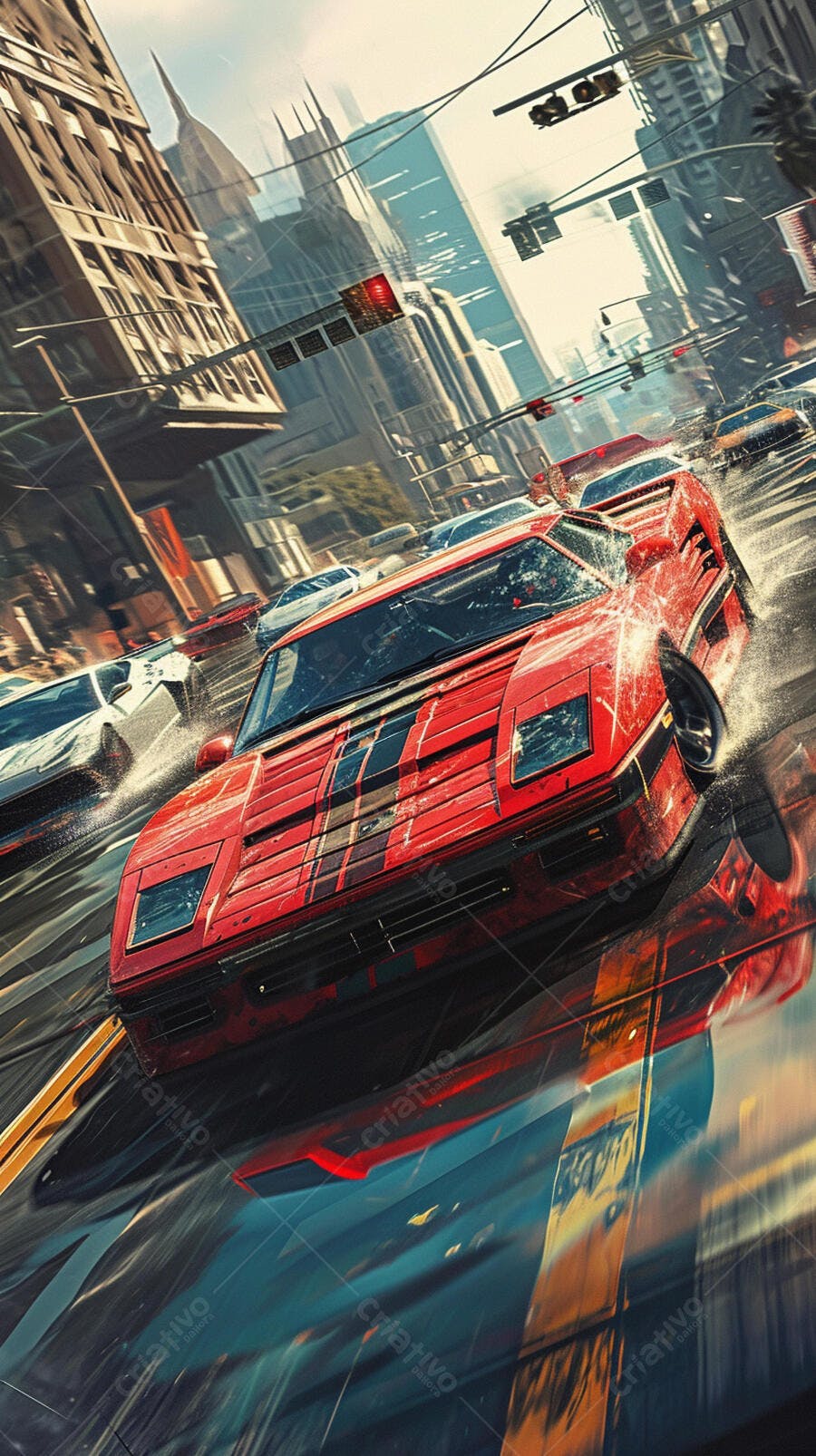 Carros esportivos em corrida urbana molhada