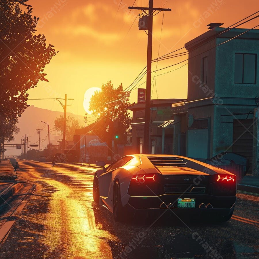 Lamborghini no Pôr do Sol Ruas Molhadas
