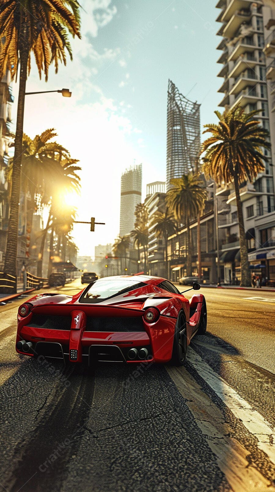 Ferrari vermelha em cidade tropical ao pôr do sol
