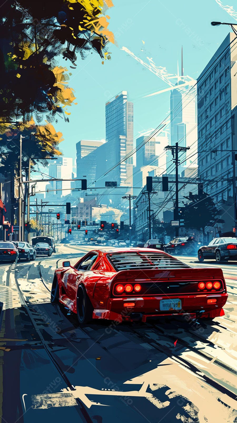 Carro esportivo vermelho em cidade moderna
