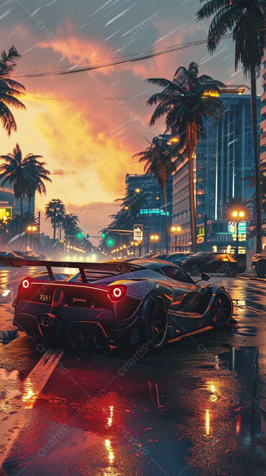 Ferrari na cidade tropical ao entardecer