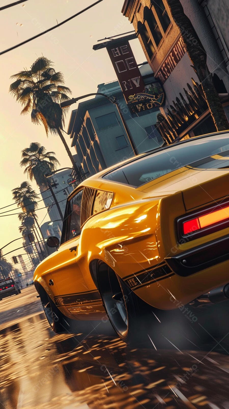 Mustang amarelo em rua molhada ao entardecer