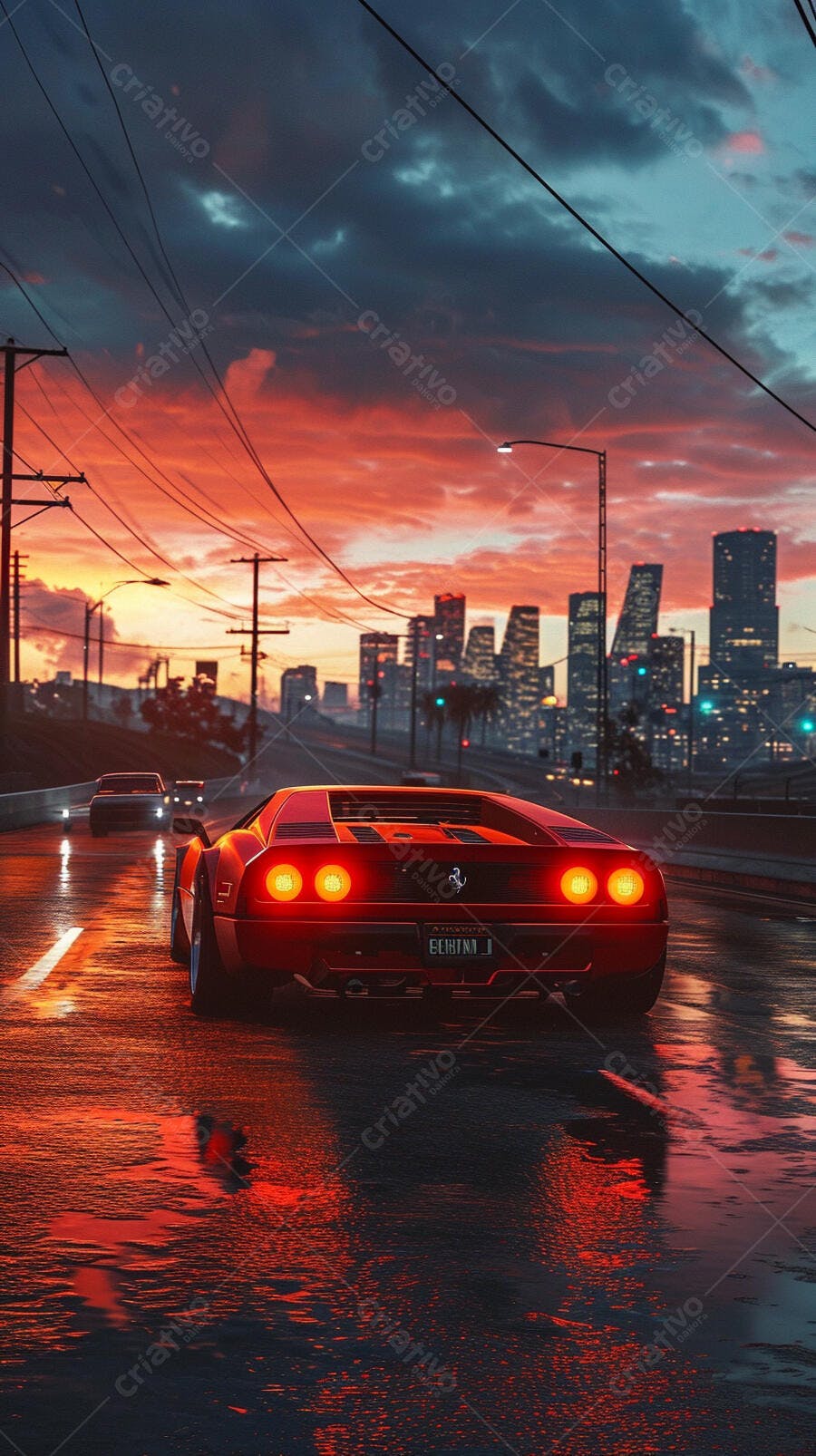 Ferrari vermelha no pôr do sol urbano