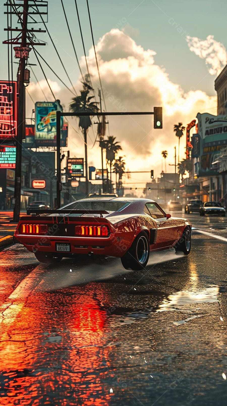 Muscle Car Vermelho em Cidade Ensolarada
