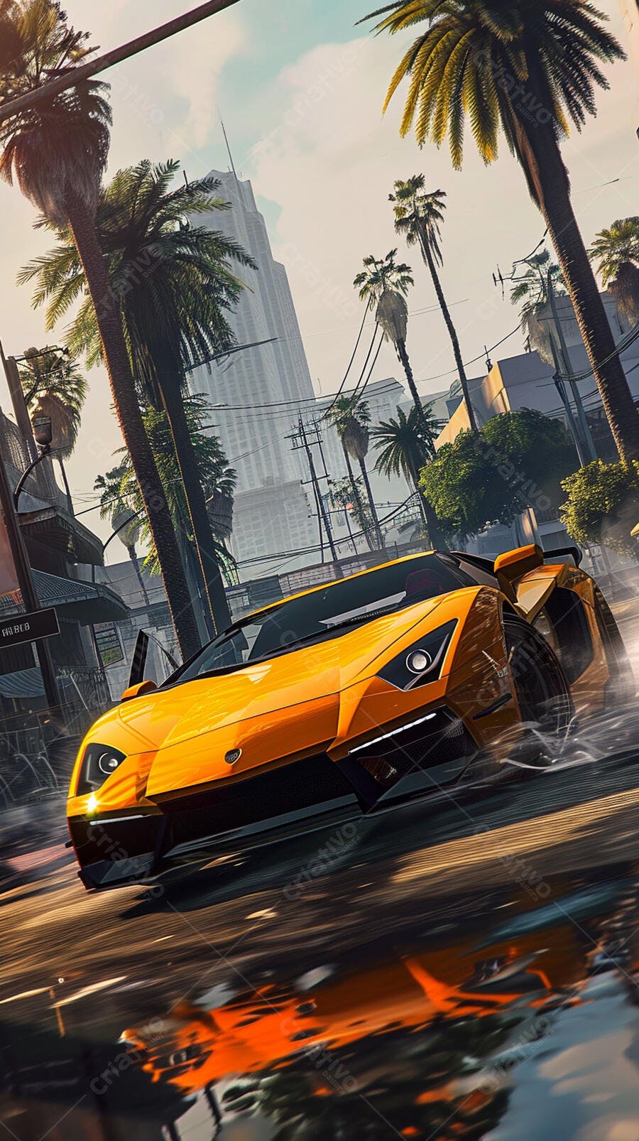 Lamborghini amarela em rua de cidade ensolarada