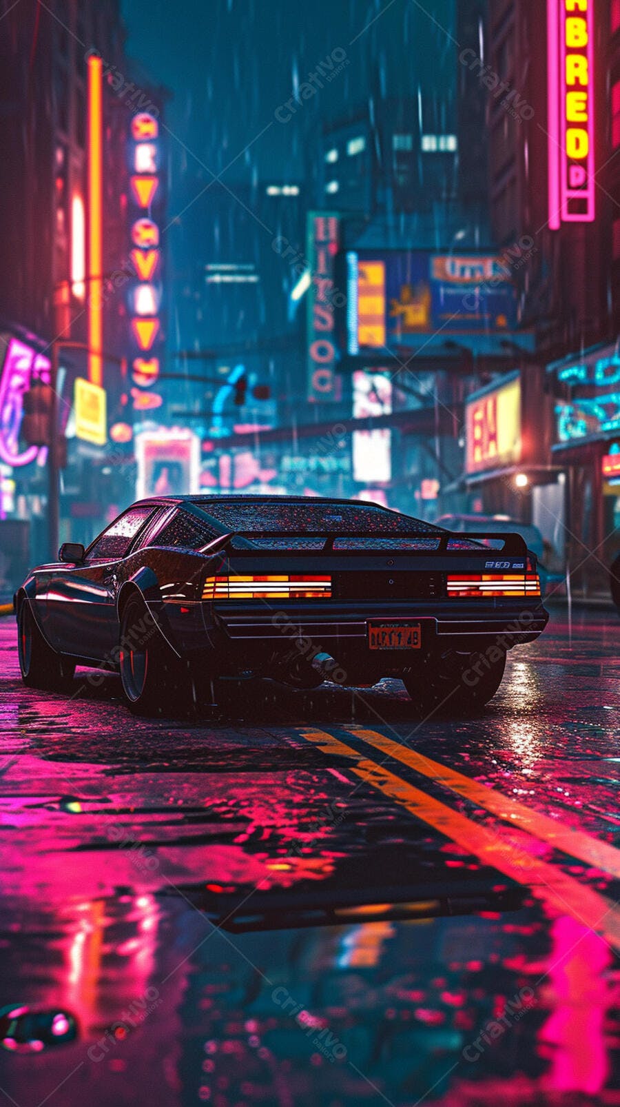 Carro esportivo em noite chuvosa estilo cyberpunk