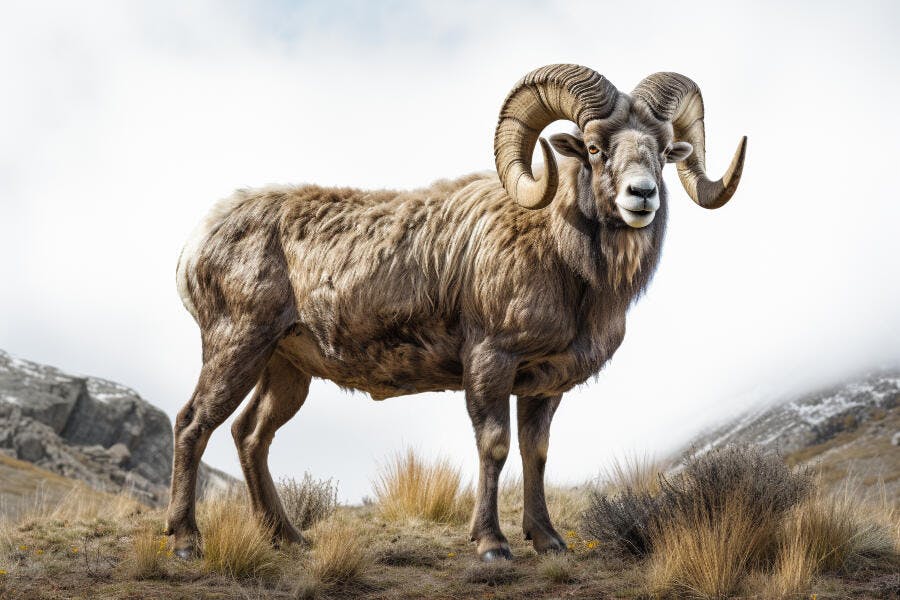 Carneiro selvagem em paisagem montanhosa