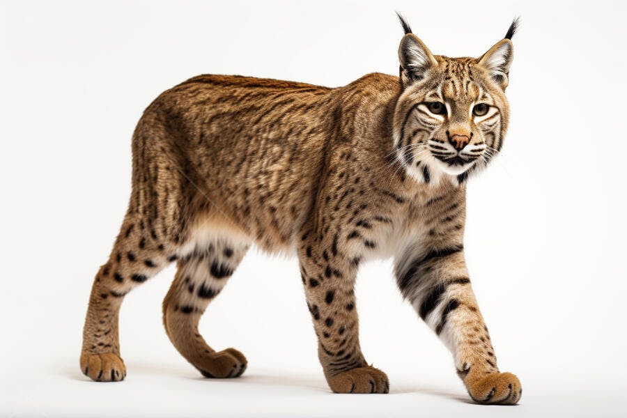Lince-vermelho caminhando fundo branco
