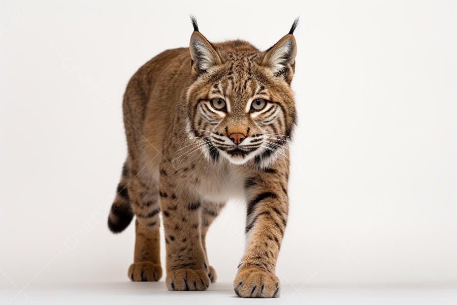 Lince caminhando fundo branco estúdio