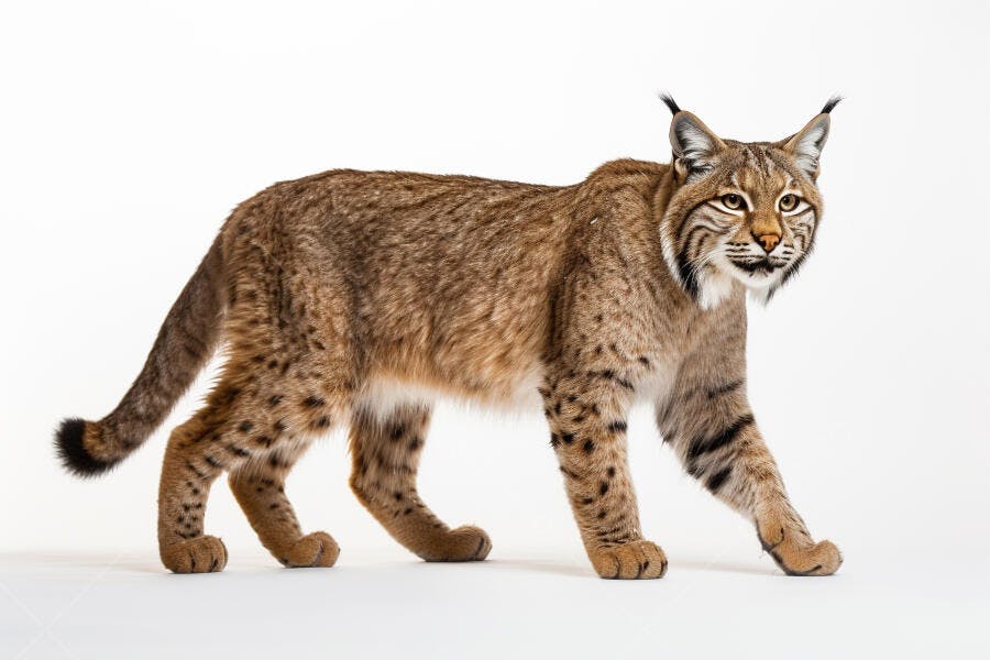 Lince caminhando fundo branco estúdio