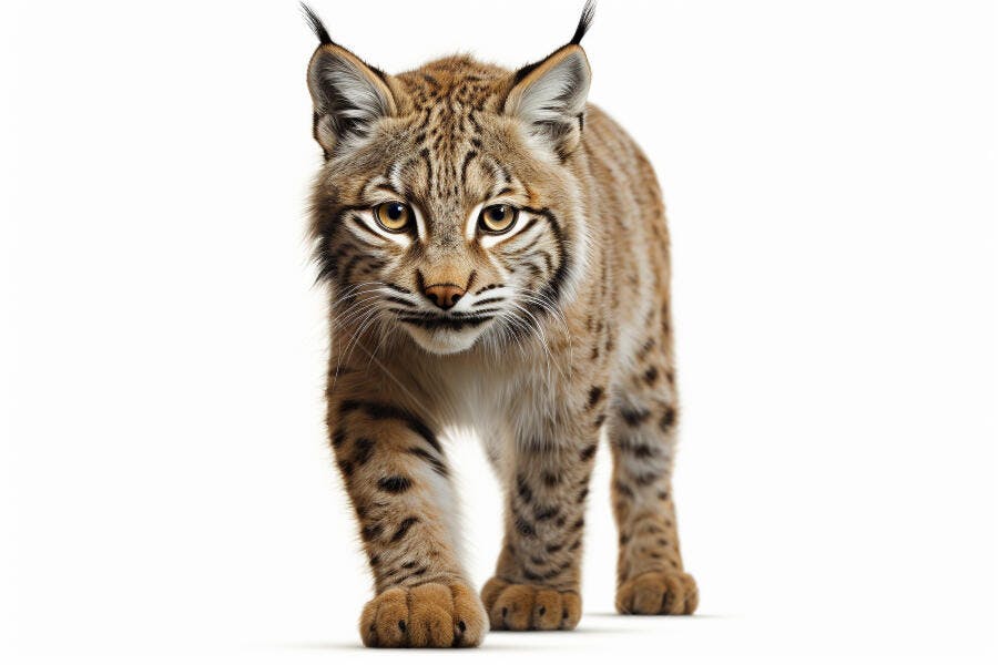Lince caminhando fundo branco retrato