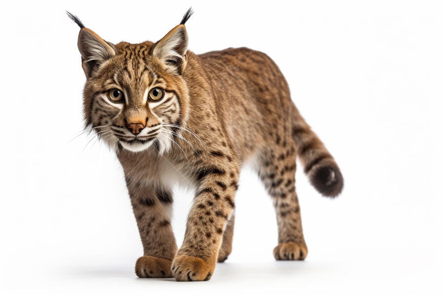 Lince caminhando fundo branco estúdio
