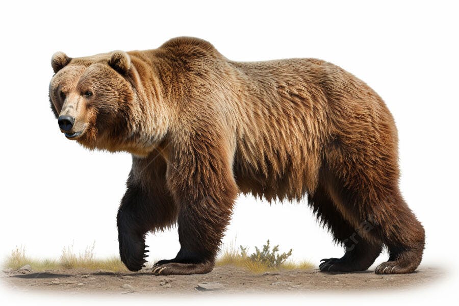 Urso marrom caminhando em terreno árido