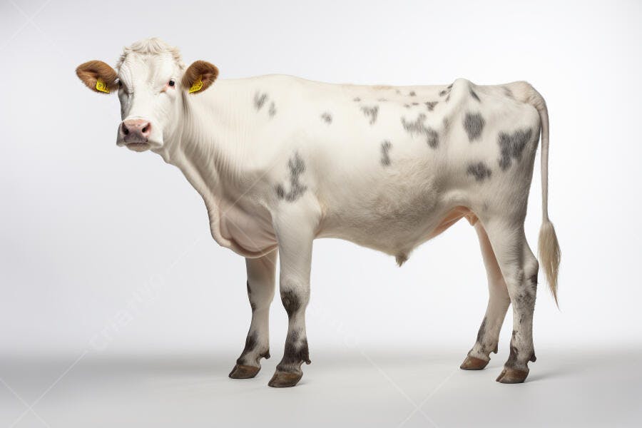 Vaca branca com manchas cinza fundo branco