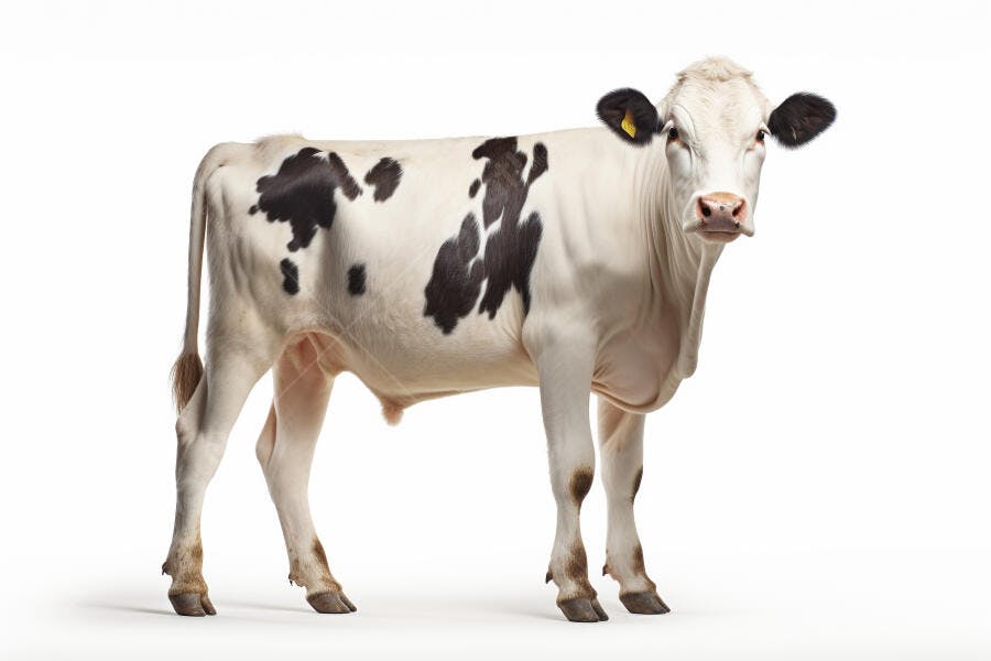 Vaca jovem branco e preta fundo branco