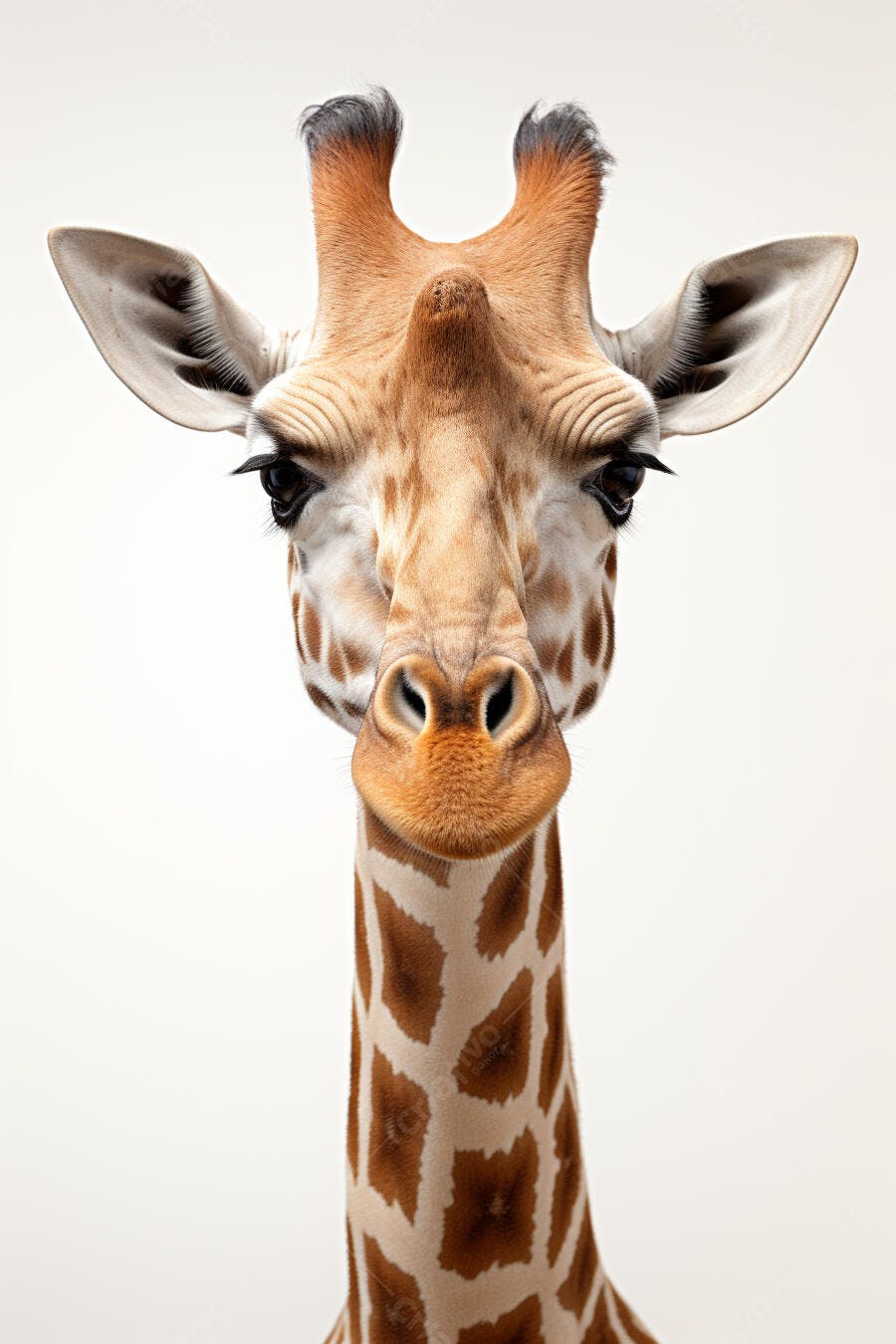 Girafa em primeiro plano fundo branco